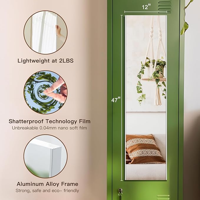 47"x12" Magnetic Mirror Lightweight Full-Length Mirror | Strong Adhesion, Easy Installation | Suitable for Refrigerators, Glass Walls, Wooden Doors, and More | 8.2kg Ultra-Strong Support | White