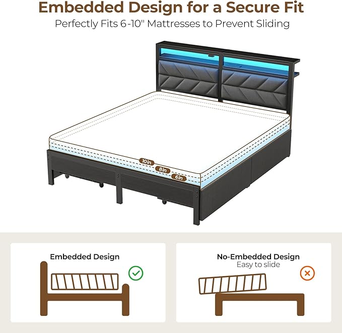 Seventable Full Size Bed Frame with 4 Storage Drawers, Charging Station & LED Lights, Upholstered Headboard with 2-Tier Shelves, Metal Platform Bed, No Box Spring Needed, Noise-Free, Grey