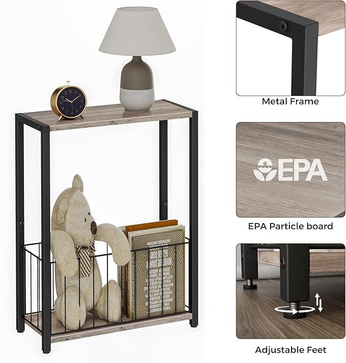 Narrow Side Tables Set of 2 with Magazine Holder, Skinny End Tables Perfect for Small Spaces, Space-Saving Design for Living Room, Bedroom, or Office, 7.1" D x 16.9" W x 23.6" H, Greige