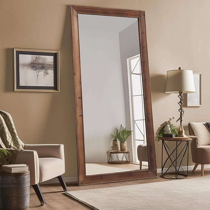 Rustic Farmhouse Full Length Mirror with Stand 71"X32" Large Wood Frame Floor Mirror, Leaning or Wall Mounted Free Standing Mirror for Entryway Bedroom Living Room, Tempered Glass, Brown