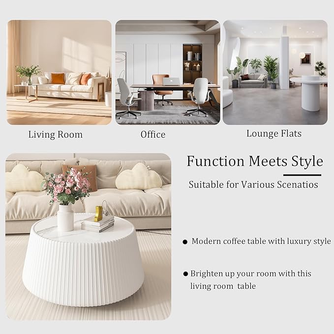 White Round Coffee Table with Sintered Stone Tabletop, 26.77" Drum Coffee Table with Fluted PU Leather Covered and Stable Base, Circle Cocktail Tea Table for Living Room