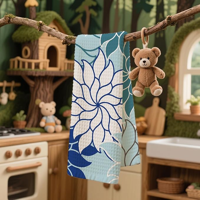 Boho Floral Abstract Waffle Towels, Flower Hand Towel for Bathroom Decor, 16x24 Inch Neutral Blue Flower Dish Tea Towel Decor for Kitchen/Bath/SPA,Gift for Friends.