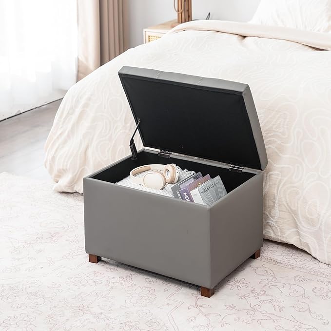 Joveco 24" Leather Storage Ottoman Bench, Rectangle Foot Rest Stool for Living Room, Bedroom, Entryway, Grey