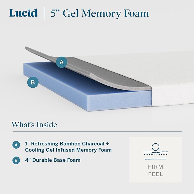 Lucid 5 Inch Memory Foam Mattress – Low Profile - Firm Feel - Infused with Bamboo Charcoal and Gel - Bed in a Box - Temperature Regulating - Breathable - Full Size