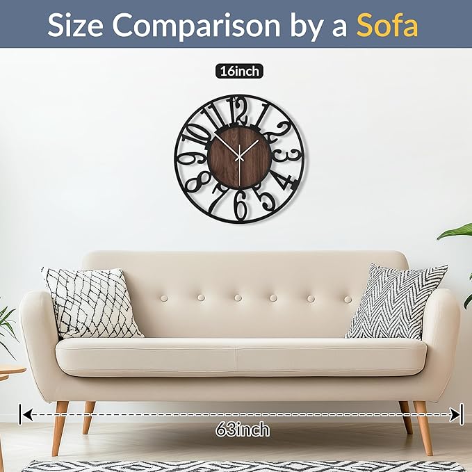 LEIKE 16in Arabic Numeral Wall Clock Battery Operated Black, Silent Non Ticking, Wall Clocks for Living Room Decor, Small Classic for School, Office, Home, Kitchen, Bedroom