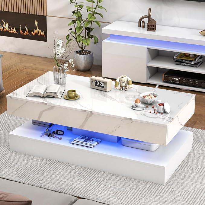 47.2" Large High-Glossy LED Coffee Table with 2 Sliding Drawers, Living Room Storage Coffee Tables with Marbling Print, Modern Stylish Double-Layer Center Tables w/LED Lights, White