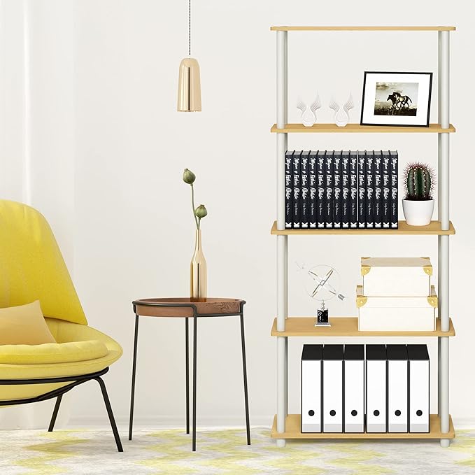 Furinno TURN-N-TUBE Storage Shelves, 5-Tier Book Shelf, Corner Shelf, Toolless Open Shelves, for Organization and Storage, Living Room, Garage, Home Office, Beech