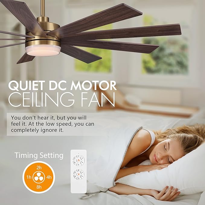 64" Ceiling Fan with Light, 6-Speed Remote Control, Reversible DC Motor, Modern 9 Blades with 4.5"/12" Downrods for Home or Commercial Gold/Walnut