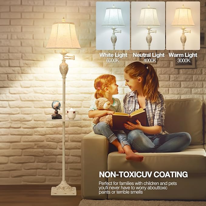 Traditional LED Floor Lamp with 350° Adjustable Swing Arm Lamp – Vintage Standing Pole lamp for Living Room, Bedroom and Office – Rustic Upright Floor Light for Home Décor with Silk Fabric Shade