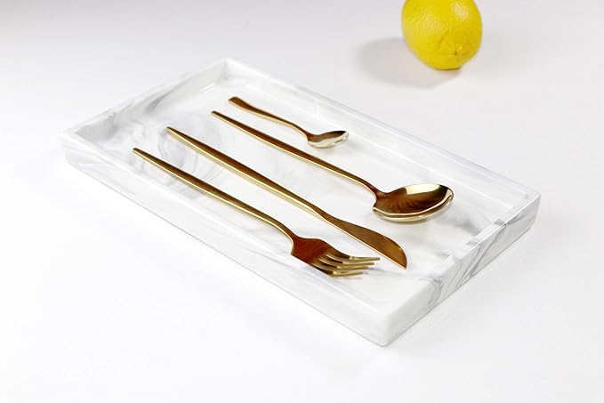 White Marble Bathroom Counter Tray - Ceramic Perfume Organizer and Jewelry Dish for Vanity Dresser