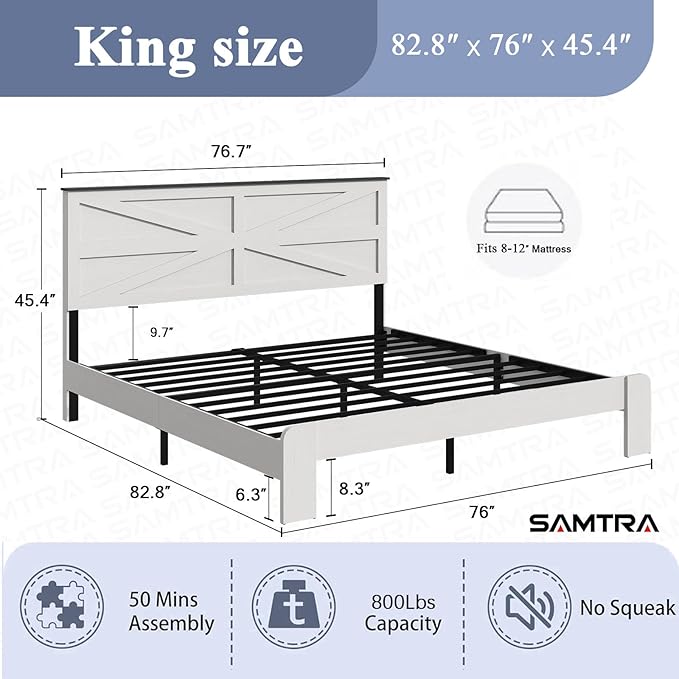 Wooden Bed Frame King Size with Headboard, Farmhouse Platform Bedframe with Wood Slat Support, Sturdy Framework Bed Frame, Easy Assembly (Rustic White)