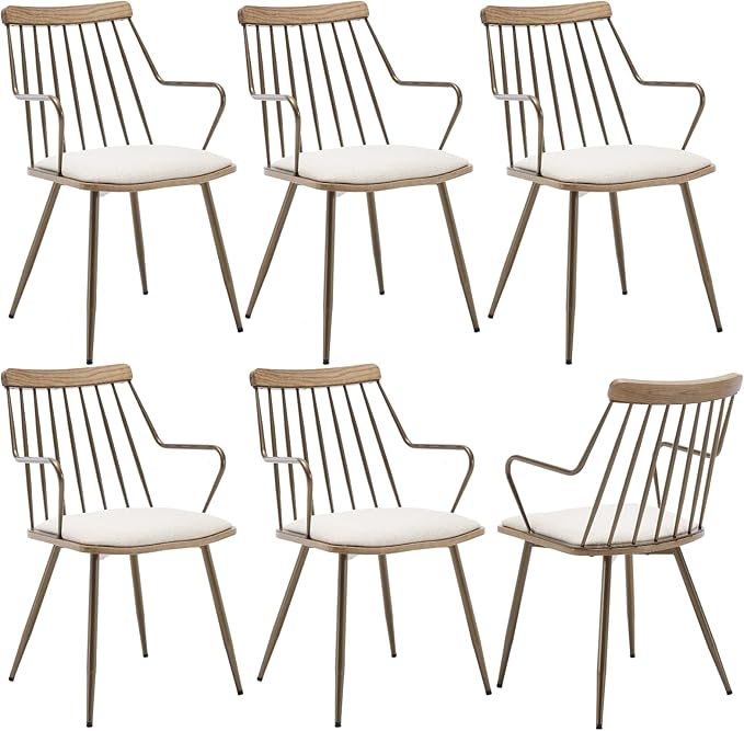 Modern Dining Chairs Set of 6, Upholstered Dining Chairs with Metal Leg, Wood Kitchen Chairs with Fence-Like Back and Curved Arm for Dining Room Kitchen Restaurant Reception (Beige)