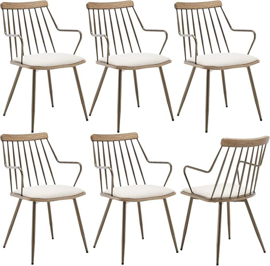 Modern Dining Chairs Set of 6, Upholstered Dining Chairs with Metal Leg, Wood Kitchen Chairs with Fence-Like Back and Curved Arm for Dining Room Kitchen Restaurant Reception (Beige)