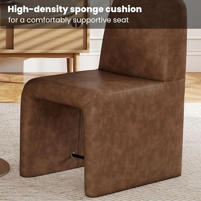 Brown Upholstered Leather Dining Chairs Set of 2, Mid Century Modern Dining Room Chairs with Deep Seat & Curved Back, Armless Side Chair Comfy Kitchen Chairs for Living Room/Kitchen