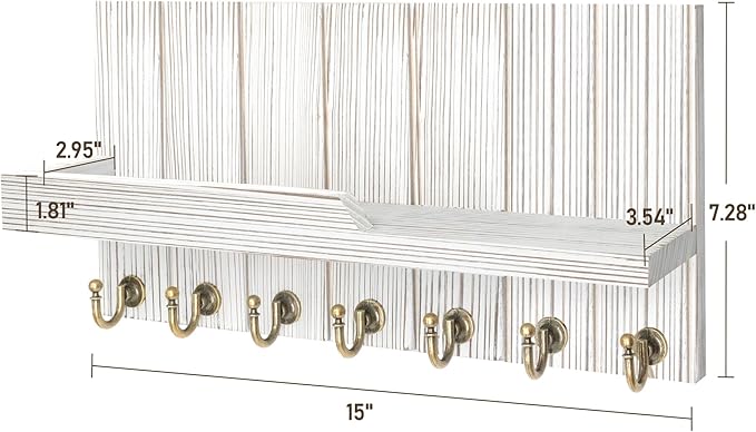 Rebee Vision Farmhouse Key and Mail Holder for Wall - Decorative Mail Organizer Wall Mount with 7 Hooks and Mounting Hardware - Elegant White Key Hanger for Entryway and Home Wall Decor (Whitewash)
