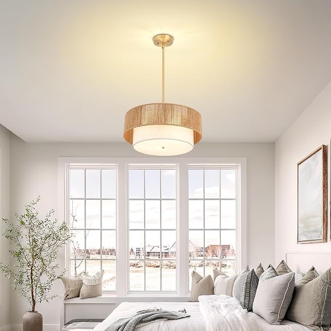 18" Drum Chandelier Dining Room Light Fixture with Rattan Shade,3-Light Modern Kitchen Table Light Fixture for Bedroom, Bathroom, Living Room