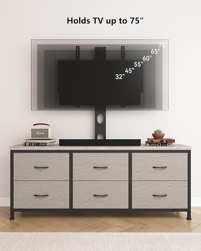 TV Stand with Mount, Fabric Dresser with 6 Drawers for 32/45/55/60/65/75 inch TVs, Dresser Entertainment Center, Modern Media TV Console Table