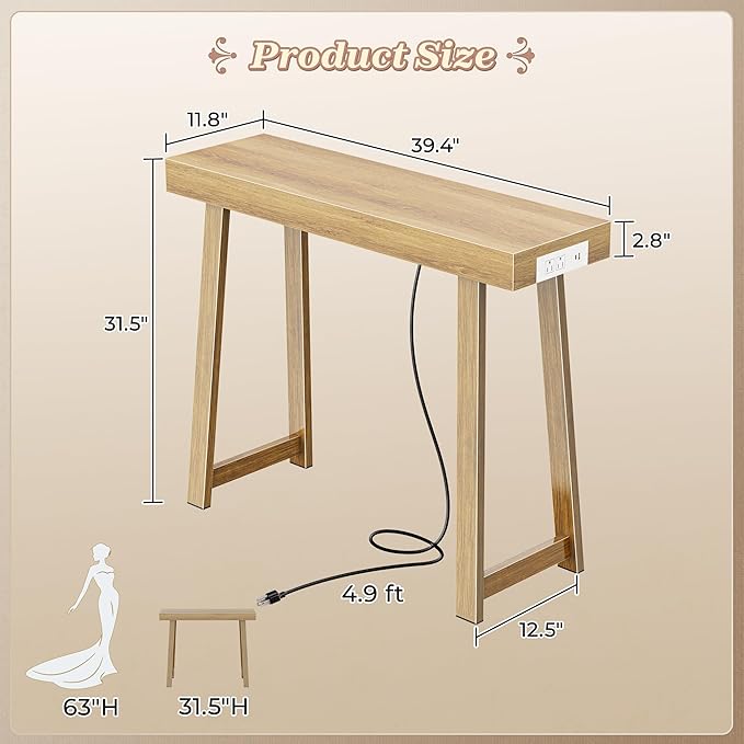 Huuger Entryway Console Table with Charging Station, USB-C Port, 39.4 Inch Sofa Table with Metal Legs, Entry Hallway Table with Thicker Desktop, Modern Behind Couch Table, Natural
