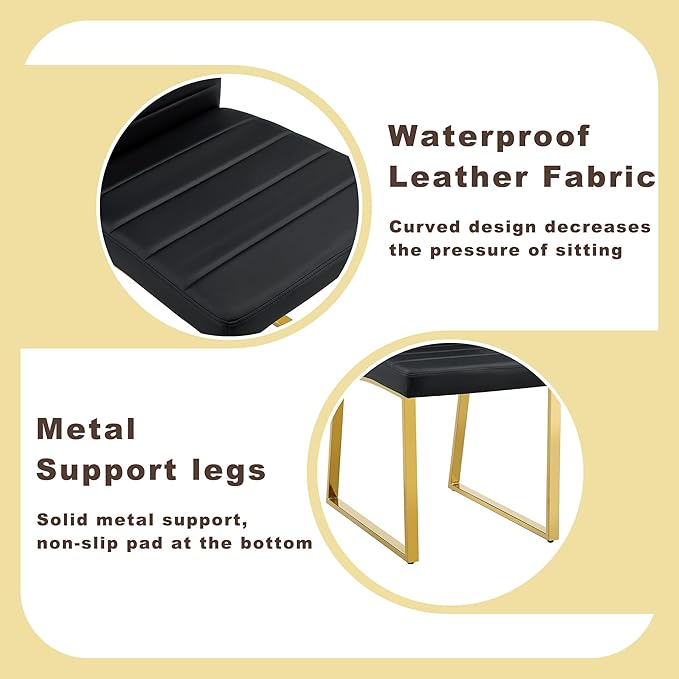 Modern Dining Chairs Set of 6, White Faux Leather Kitchen Chairs, Upholstered Armless Dining Room Chair with Gold Mental Legs Heavy Duty, Comfortable (Black and Gold, Set of 6)