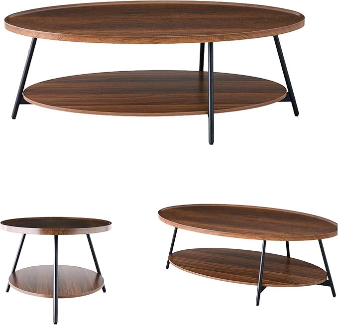 AGV Oval Coffee Table with Shelf Storage, 2-Tier Walnut Wood Finish Center Table for Living Room, Modern Asymmetrical Metal Legs, Raised Edge Sofa Table