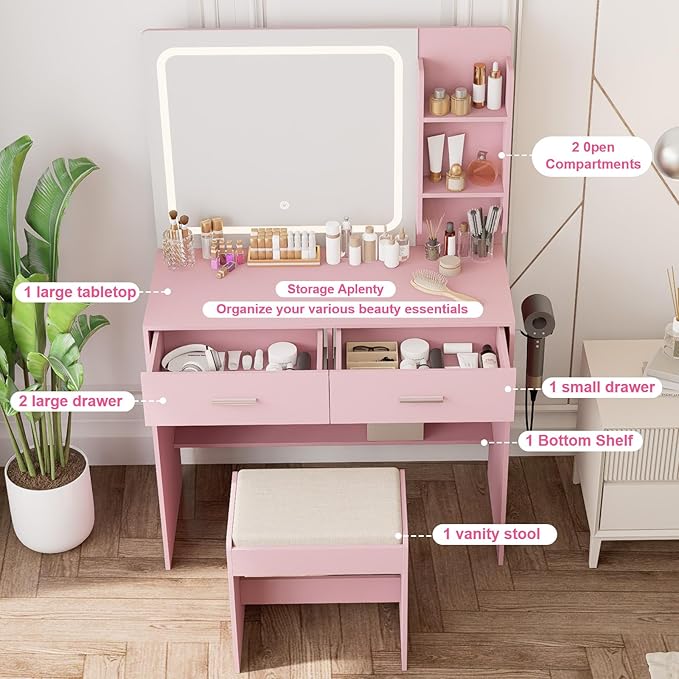 Makeup Vanity with Lighted Mirror & Electrical Outlet - 2 Shelves, 2 Drawers, Bottom Storage - Comes with Upholstered Stool （Pink）