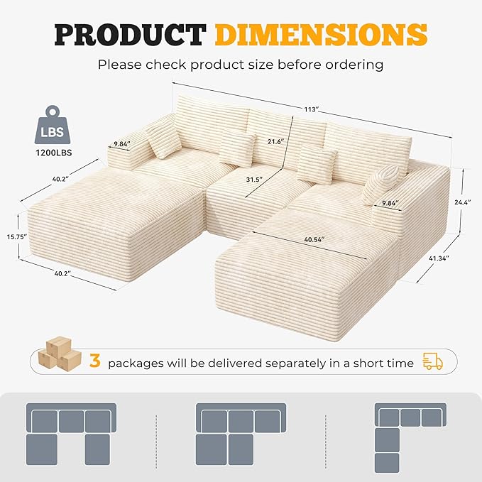 113" Modular Sectional Sofa, Convertible U-Shaped Cloud Couches for Living Room with Ottoman, 5 Seater Corduroy Boneless Couch Sofa Set, No Assembly Required, Beige 1 PCS