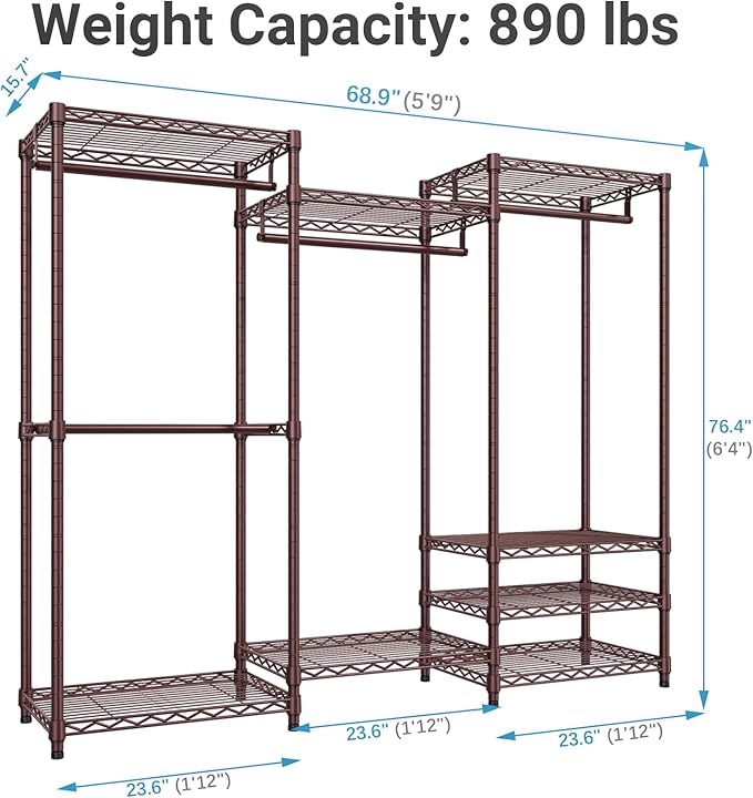 VIPEK V5 Portable Closet Wardrobe Heavy Duty Clothes Rack Metal Freestanding Clothing Racks, Adjustable Custom Closet Racks with 4 Hanging Rods & 8 Shelves, 68.9" Lx15.7 Wx76.4 H, Bronze