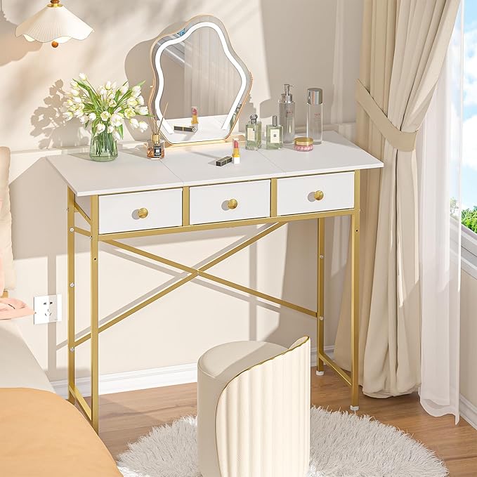 Small Makeup Vanity Desk No Mirror, 37.2 Inch Vanity Desk with 3 Drawers, Girls Vanity Dressing Table for Bedroom, Small Vanity for Small Spaces, White and Gold