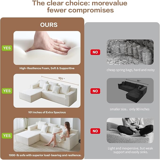 101" L-Shaped Couch for Living Room,Modular Sectional Cloud Couch,Boneless Sofa in A Box,Upholstered Couches for Bedroom,White Sofa with Oversized Chaise