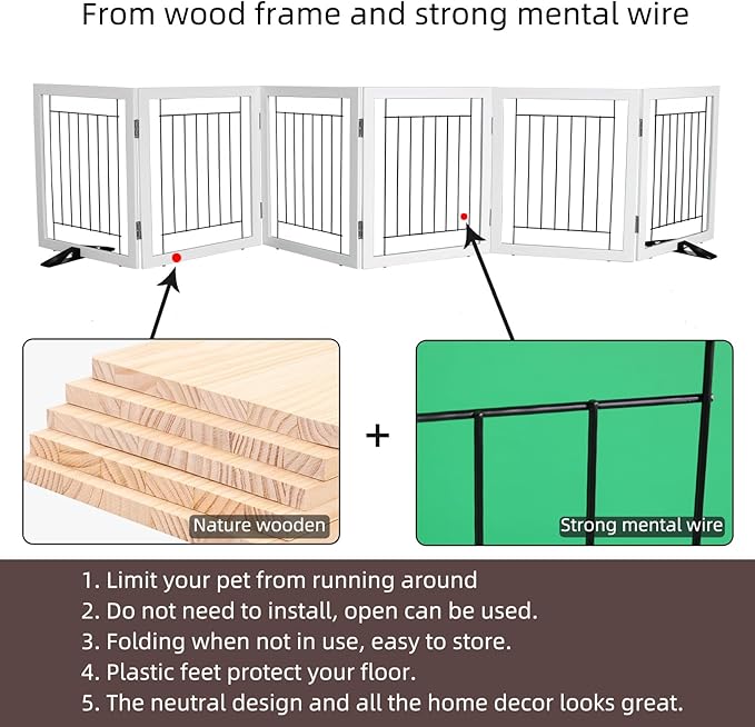 ZJSF Freestanding Dog Gate Indoor, Foldable Dog Fence for Doorways,Hallways or Stairs, Sturdy Wood Extra Wide Pet Gate with Support Feet,White,32 "Height-6 Panels