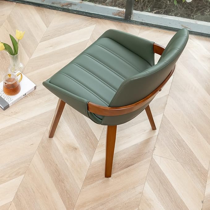 Mid Century Modern Faux Leather Upholstered Dining Chairs,Armless Accent Chairs with Sturdy Natural Wood Legs,Bamboo Backrest Support for Kitchen&Dining Room Chairs(Set of 4,Green)