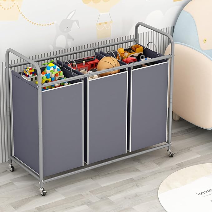 LINZINAR 3-Bag Laundry Sorter,Laundry Hamper Cart with Heavy Duty Rolling Lockable Wheels and Removable Bags (Grey)