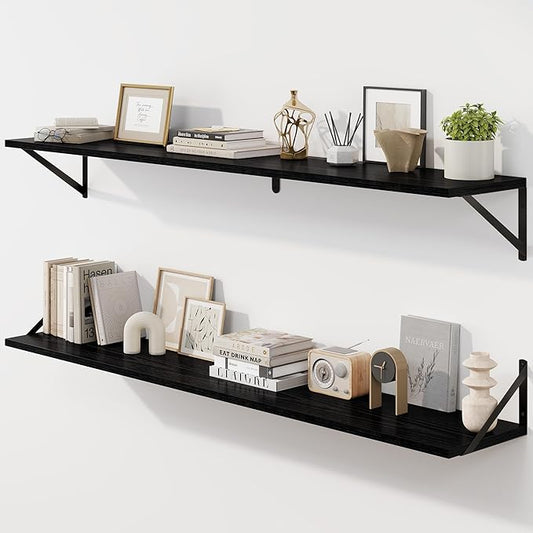 Fun Memories Deep Floating Shelves for Wall, 55W x 8D Wall Mounted Shelves Set of 2, Wide Display Ledge Shelf with Sturdy Metal Brackets for Living Room, Bathroom, Bedroom and Kitchen, Black