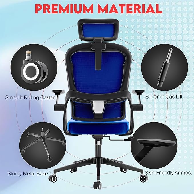 Ergonomic Office Chair - 400LB Comfy Desk Chairs with Adjustable Headrest and Lumbar Back Support, Mesh Computer Chairs with Wheels and Arms for Home Office, Study, Bedroom and Dorm (01blue)