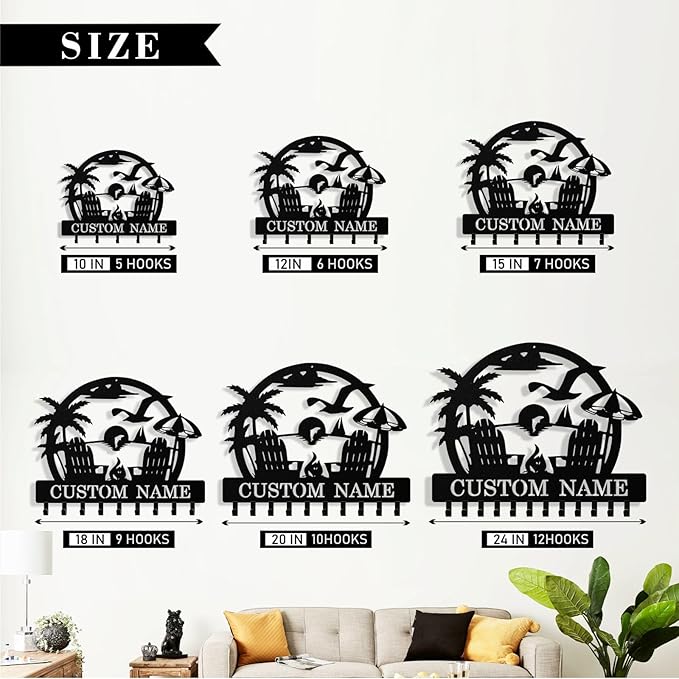 Personalized Beach Key Holder Wall Mount, Custom Metal Keys Hanger for Wall with Name, Custom Key Rack Holder with Hooks for Home, Entryway, Front Door, Living Room, Kitchen, Bathroom