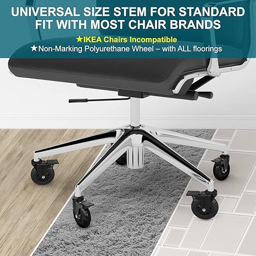 TICONN Office Chair Caster Wheels Set of 5 for Tile, Hardwood Floors and Carpets, Universal Fit for Most Chairs (Black with Brake)