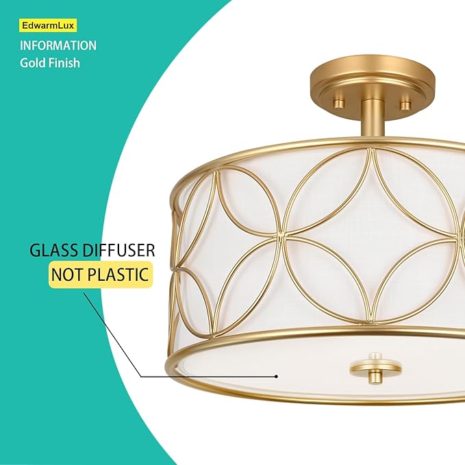 3-Light Semi Flush Mount Ceiling Light, 16" Drum Light with Fabric Shade, Modern Close to Ceiling Lamp for Living Room Bedroom Dining Room Kitchen Hallway Entry Foyer (Gold)