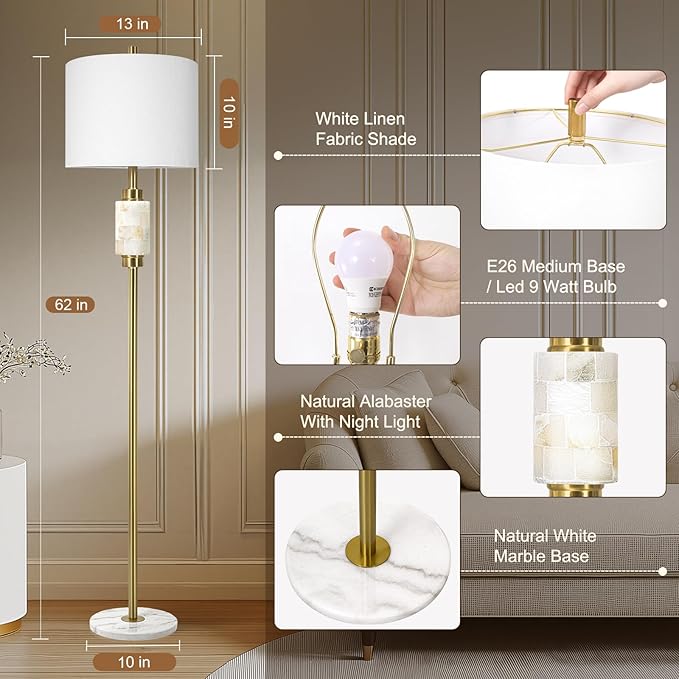 Floor Lamps for Living Room with Night Light, Alabaster Standing Lamp with Linen Shade, Rotary Switch, Marble Tall Lamp, Gold Floor Lamps for Bedroom Living Room Office (Bulb Included)