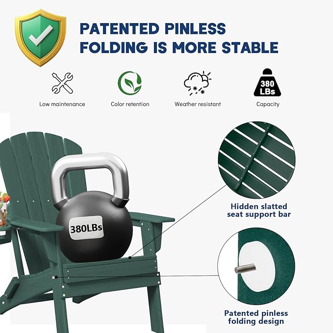 Plawdlik Folding Adirondack Chair, SGS Tested, Wooden Textured with Cup Holder, Heavy All-Weather HDPE Comfortable Set Poolside Backyard Lawn Green Set 4