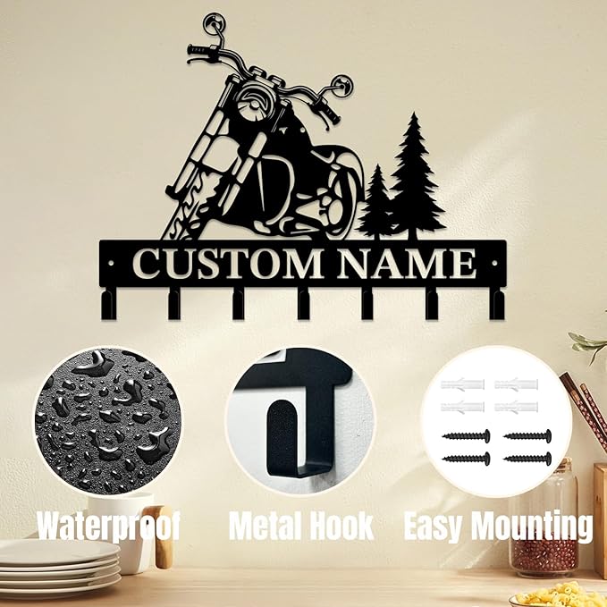 Personalized Custom Name Motorcycle Keys Hooks,Metal Motorcycle Art Clothes Keys Hooks,Metal Motorcycle Lover Wall Home Storage Decorative Keys Hooks,Key Holder Hooks for Wall (Style E)