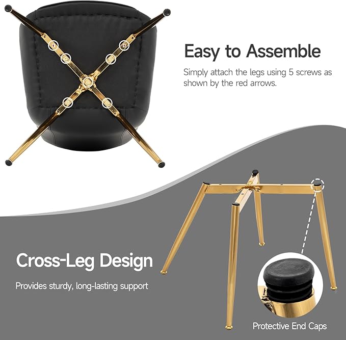 Brage Living Dining Chairs Set of 2, PU Leather Modern Armless Kitchen Dining Room Chairs, Upholstered Accent Side Chairs with Metal Legs (Black, Gold Legs)