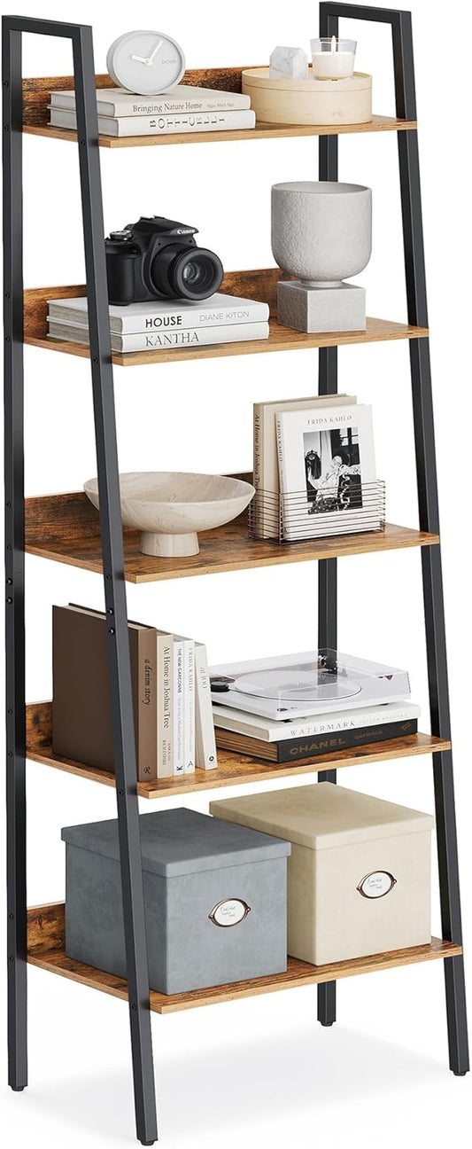VASAGLE Bookshelf, 5-Tier Narrow Book Shelf, 11.8 x 23.6 x 66.9 Inches, Ladder Shelf for Home Office, Living Room, Bedroom, Kitchen, Rustic Brown and Ink Black ULLS067B01