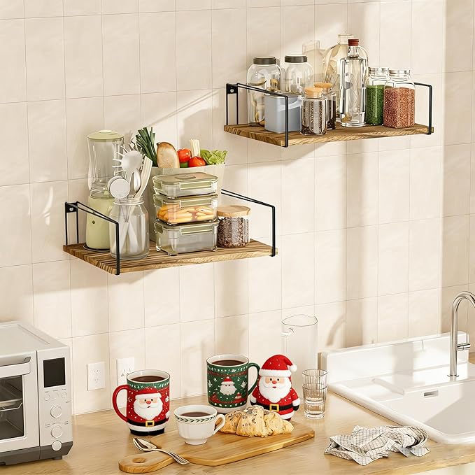 SRIWATANA Wide Floating Shelves, Rustic Wood Wall Shelves Set of 2, Wall Mounted Shelves with Large Capacity for Many Rooms Decor, Carbonized Black