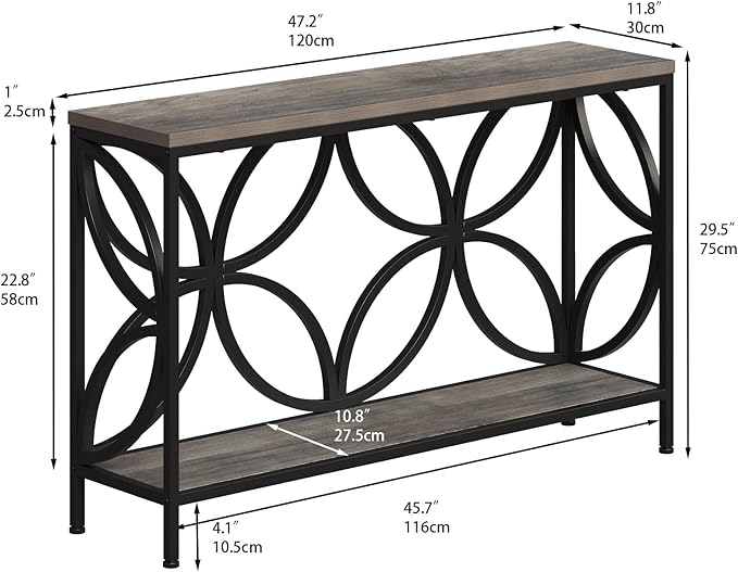 GiftGo Narrow Sofa Table 47.2 Inch, Industrial Sofa Table Behind Couch, Vintage Entry Console Table with Storage for Entryway, Living Room, Foyer, Elegant Design (Grey, 47.2)