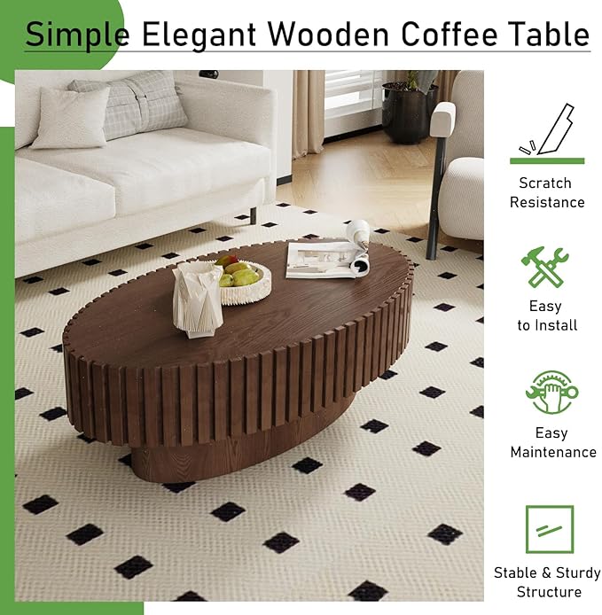 Oval Coffee Table for Living Room, 43.3'' Modern Handcraft Drum Coffee Table Unique Fluted Coffee Tables Wood Center Table End Table for Small Space, Farmhouse Apartment Office (Oval Brown)