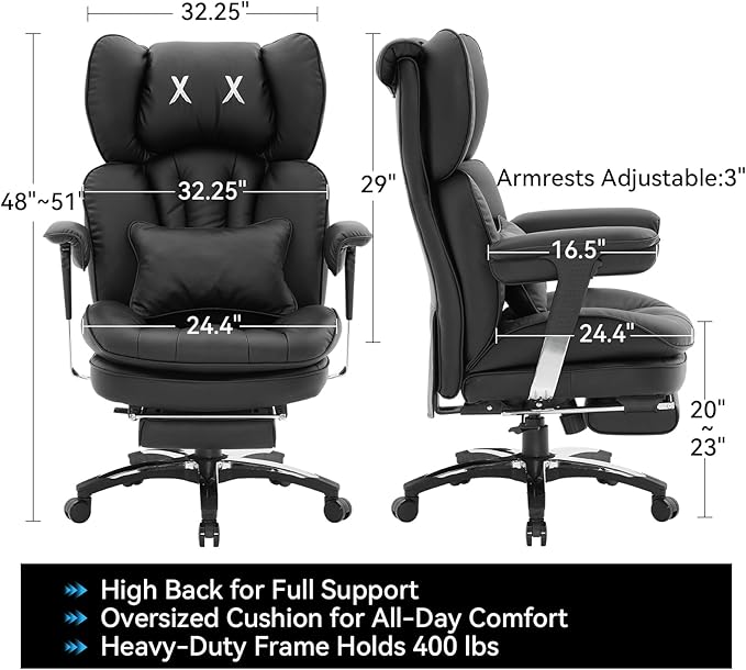 Efomao Big and Tall Office Chair 400lbs, Ergonomic High Back Executive Office Chair with Footrest, Wide Computer Desk Chair for Home Office, Comfortable PU Leather Heavy Duty Chair，Black