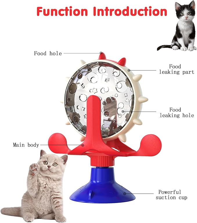 Cat Dog Treat Dispenser Toy - Cat Interactive Feeder Pet Food Toys Feeder 360° Degree Rotating Food Leakage Device Rotate with Strong Suction Cup Money Wheel Shape (American Blue)