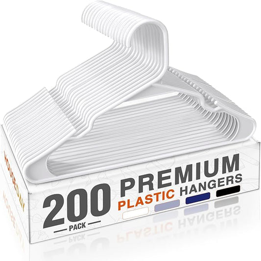 HOUSE DAY 200 Pack Plastic Clothes Hangers, Commercial Bulk Shipment for Business, Sturdy Durable Notched Hangers Ideal for Retail Dry Cleaners Warehouses, Save Cost & Warehouse Space - White