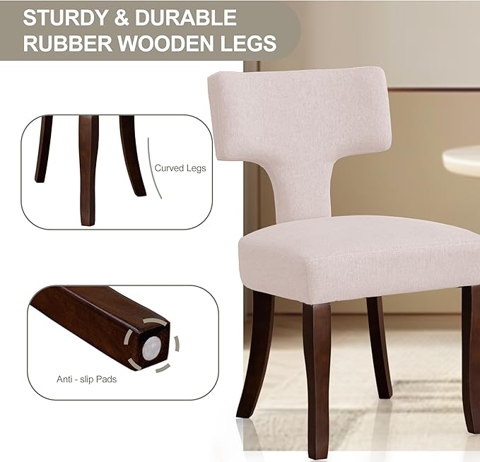 Mid Century Modern Dining Chairs Set of 2, Upholstered Side Dining Chairs with Curved Back Linen Fabric Armless Wood Chairs Kitchen & Dining Room Farmhouse Chairs (White)