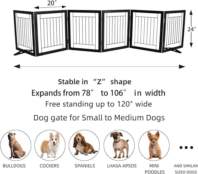 ZJSF Freestanding Dog Gate Indoor, Foldable Dog Fence for Doorways,Hallways or Stairs, Sturdy Wood Extra Wide Pet Gate with Support Feet,Black,32 "Height-6 Panels